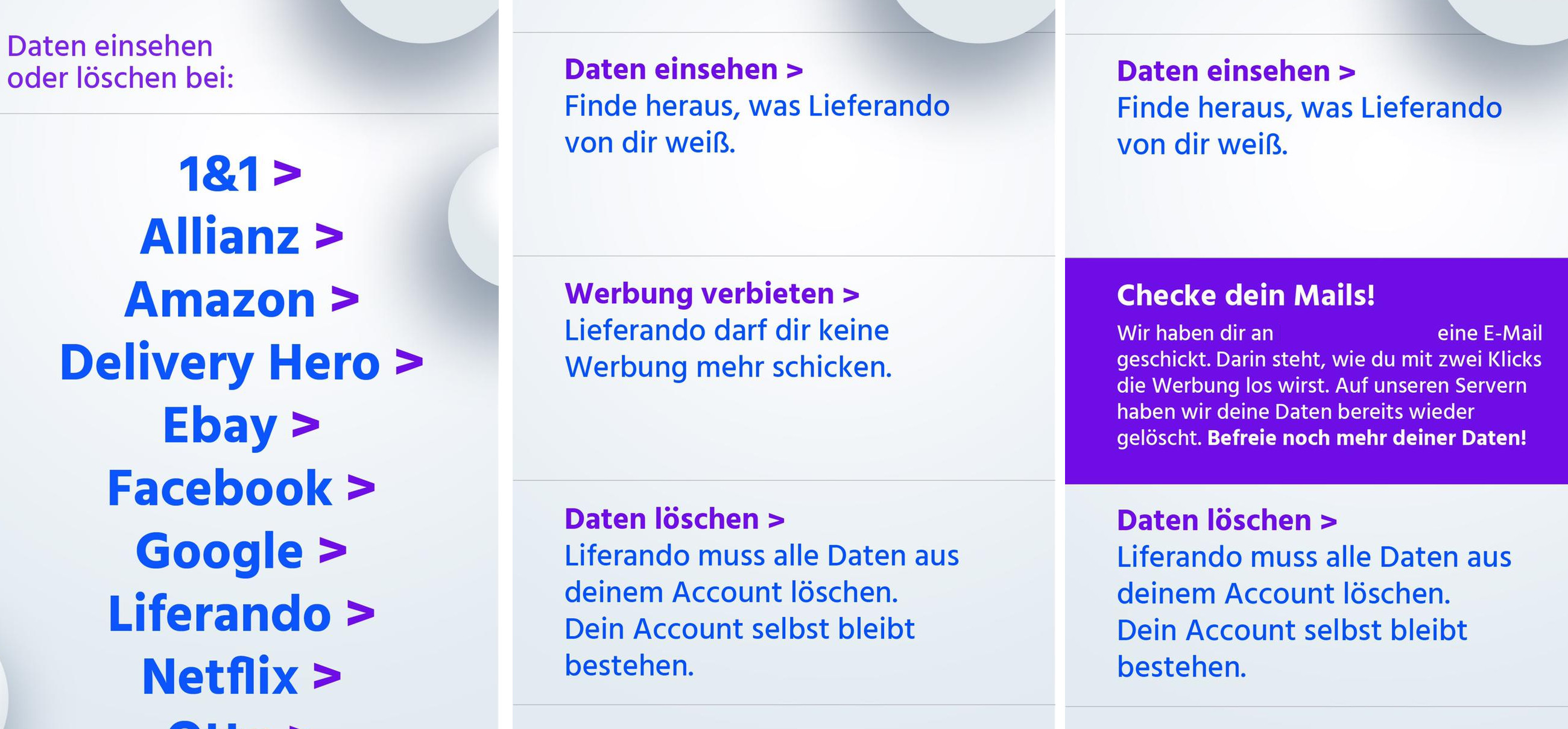 Three screens of the app, showing a list of companies to select from, the described list of actions, and a confirmation message.